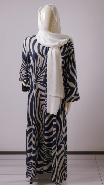 Modern Abstract Print Abaya with White Chiffon Hijab